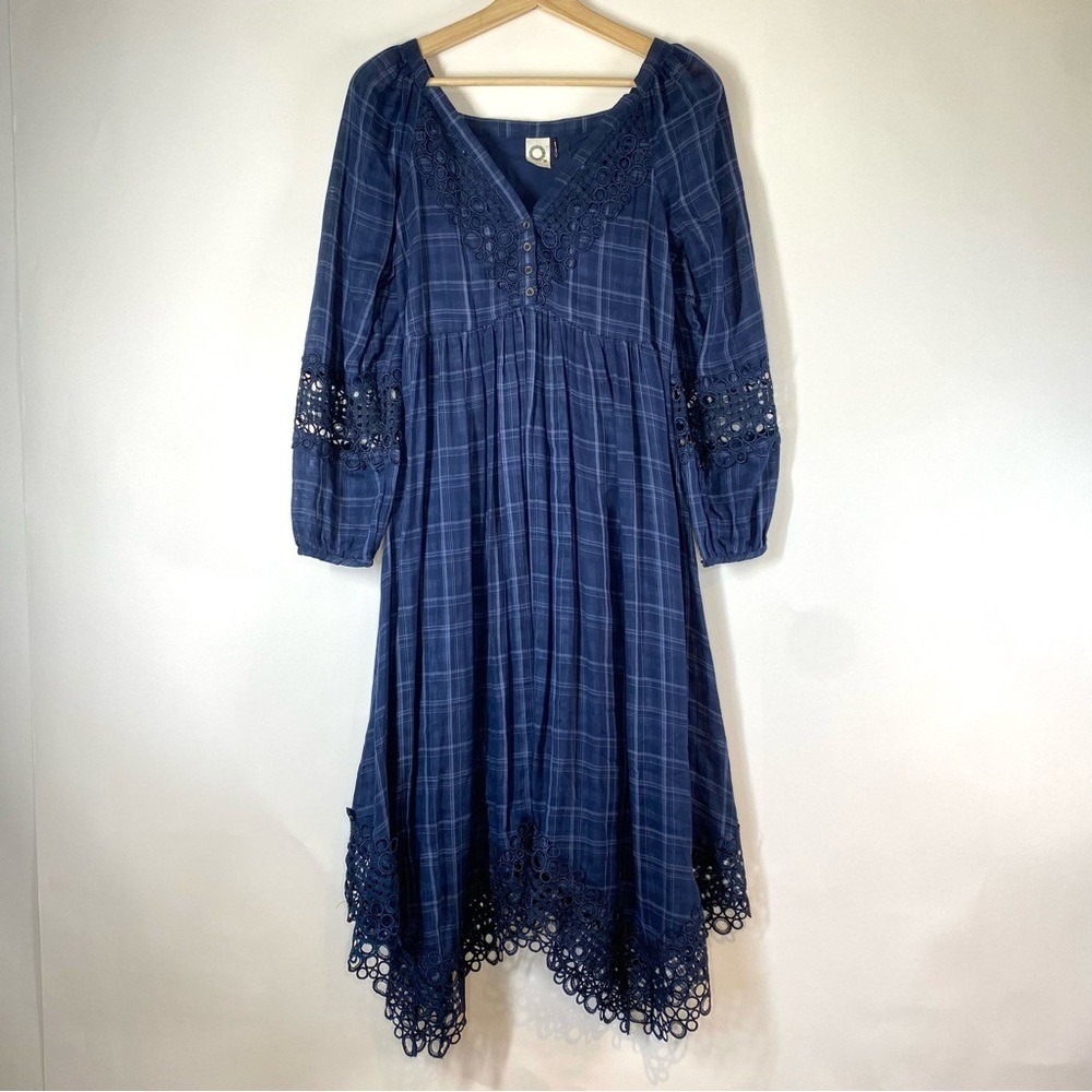 Akemi Kin Anthropologie Navy Plaid Cabincore Coastal Cowgirl Asymmetric Dress 2